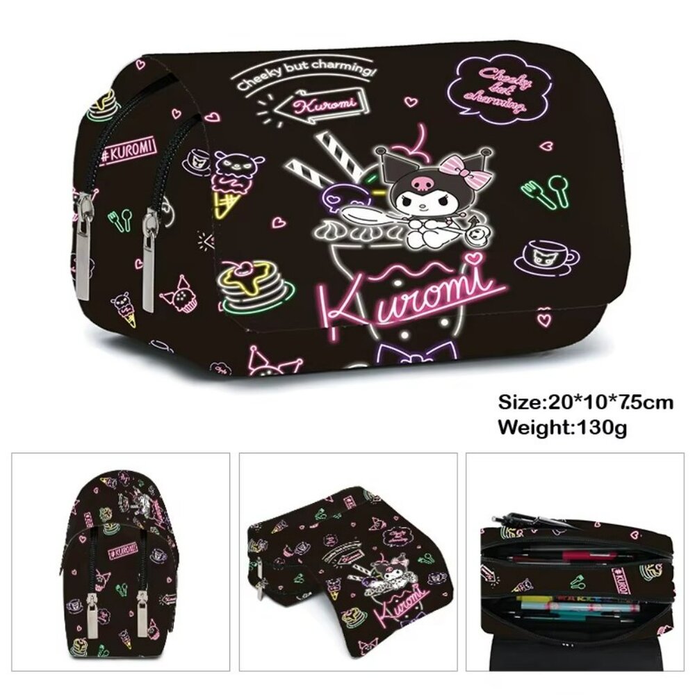 Kuromi Cosmetic Bag Case 2 Zipper Front Flap Closure Canvas